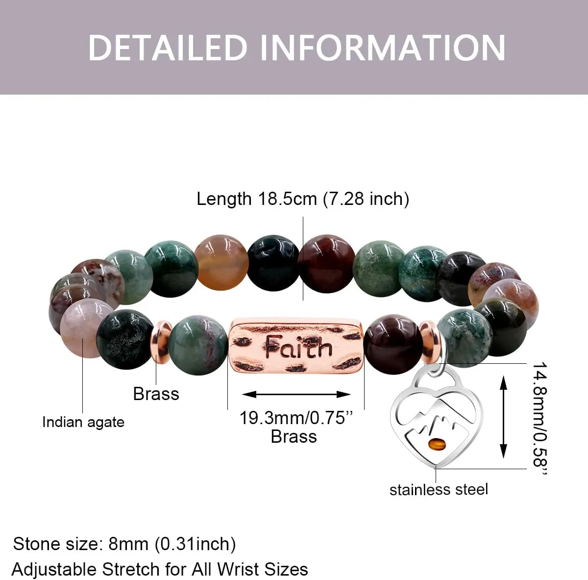 | Agate Faith Bracelet with Mustard Seed | Heart Pendant & Mountain Design | Beaded Religious Jewelry for Women & Men | Y4108