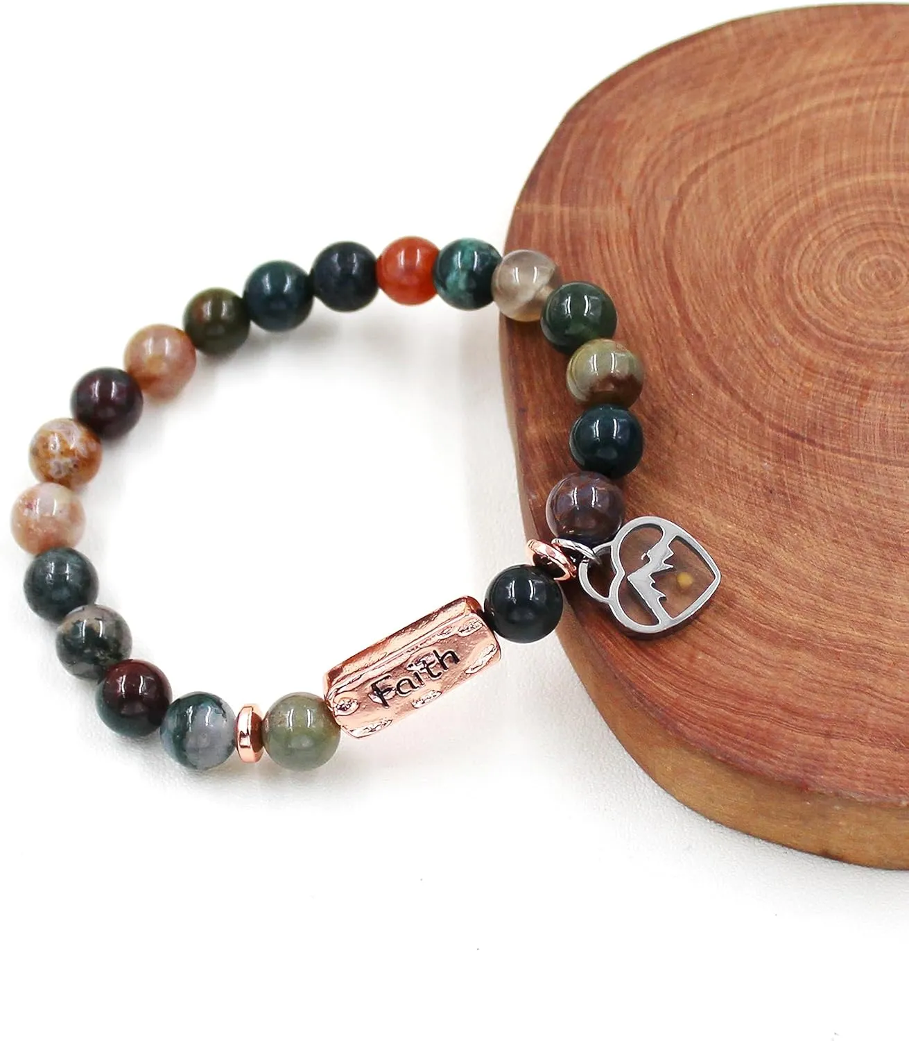 | Agate Faith Bracelet with Mustard Seed | Heart Pendant & Mountain Design | Beaded Religious Jewelry for Women & Men | Y4108