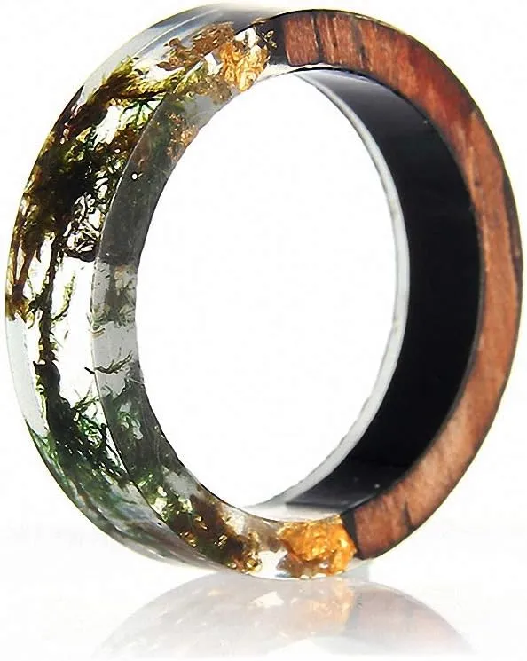 1 pc Resin Wooden Rings Vintage Clear Wood Handmade Dried Flower Epoxy Rings for Women Men Party Jewelry Gift