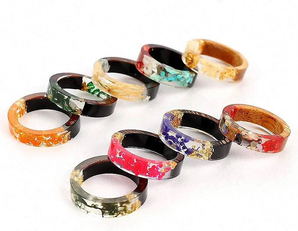 1 pc Resin Wooden Rings Vintage Clear Wood Handmade Dried Flower Epoxy Rings for Women Men Party Jewelry Gift