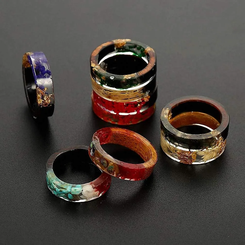 1 pc Resin Wooden Rings Vintage Clear Wood Handmade Dried Flower Epoxy Rings for Women Men Party Jewelry Gift