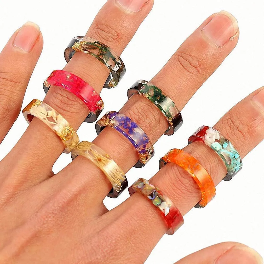 1 pc Resin Wooden Rings Vintage Clear Wood Handmade Dried Flower Epoxy Rings for Women Men Party Jewelry Gift
