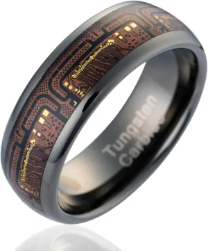 100S JEWELRY Gunmetal Circuit Board Inlay Tungsten Rings For Men Wedding Band Dome Edge Plished Finish Size 6-16