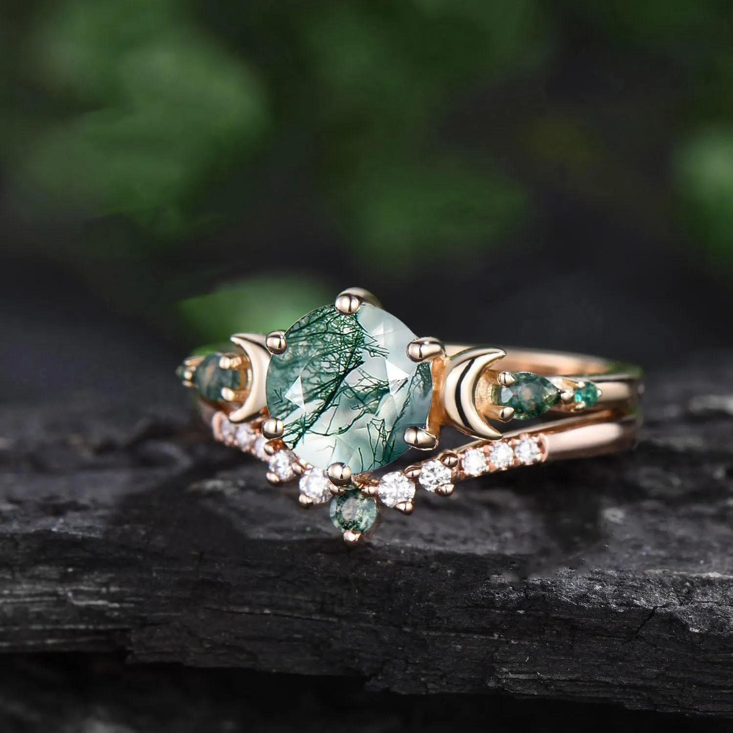 10K 14K 18K Rose Gold 2CT Round Natural Moss Agate Engagement Ring Set for Women 925 Sterling Silver 8mm Genuine Green Moss Agate Leaf Art Deco Bridal Wedding Ring Set (Size 4-15)