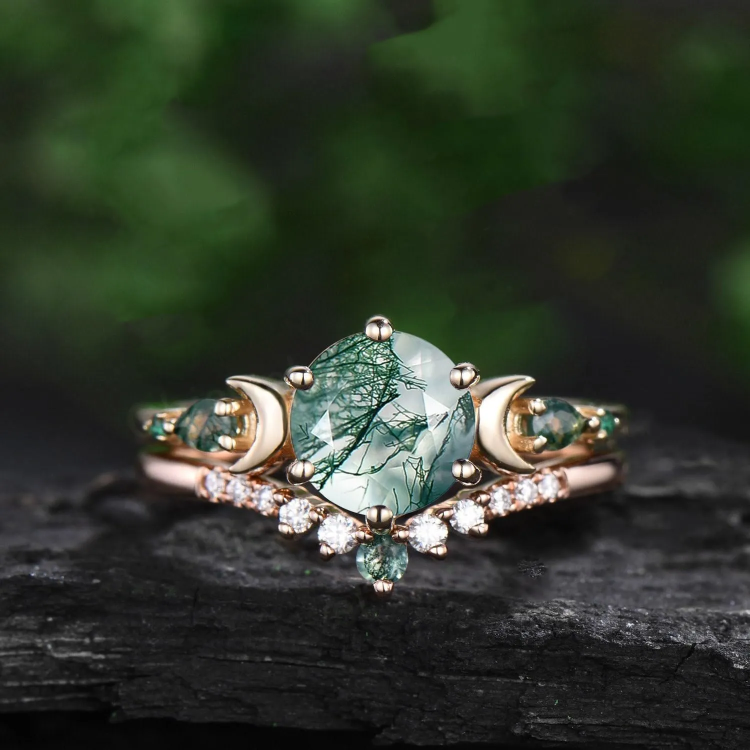 10K 14K 18K Rose Gold 2CT Round Natural Moss Agate Engagement Ring Set for Women 925 Sterling Silver 8mm Genuine Green Moss Agate Leaf Art Deco Bridal Wedding Ring Set (Size 4-15)