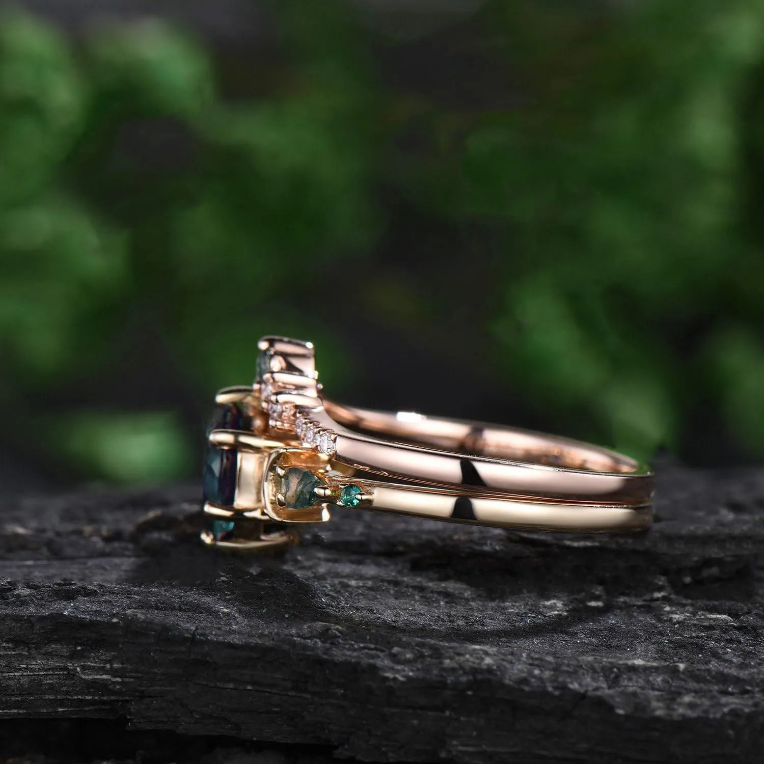 10K 14K 18K Rose Gold 2CT Round Natural Moss Agate Engagement Ring Set for Women 925 Sterling Silver 8mm Genuine Green Moss Agate Leaf Art Deco Bridal Wedding Ring Set (Size 4-15)