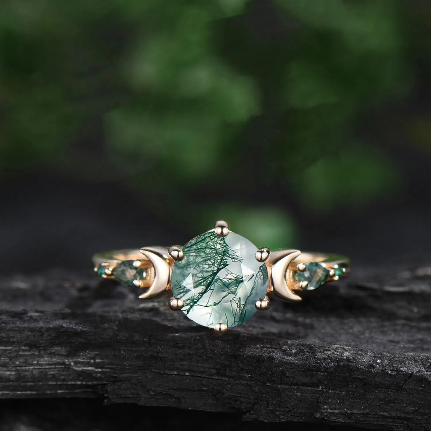 10K 14K 18K Rose Gold 2CT Round Natural Moss Agate Engagement Ring Set for Women 925 Sterling Silver 8mm Genuine Green Moss Agate Leaf Art Deco Bridal Wedding Ring Set (Size 4-15)