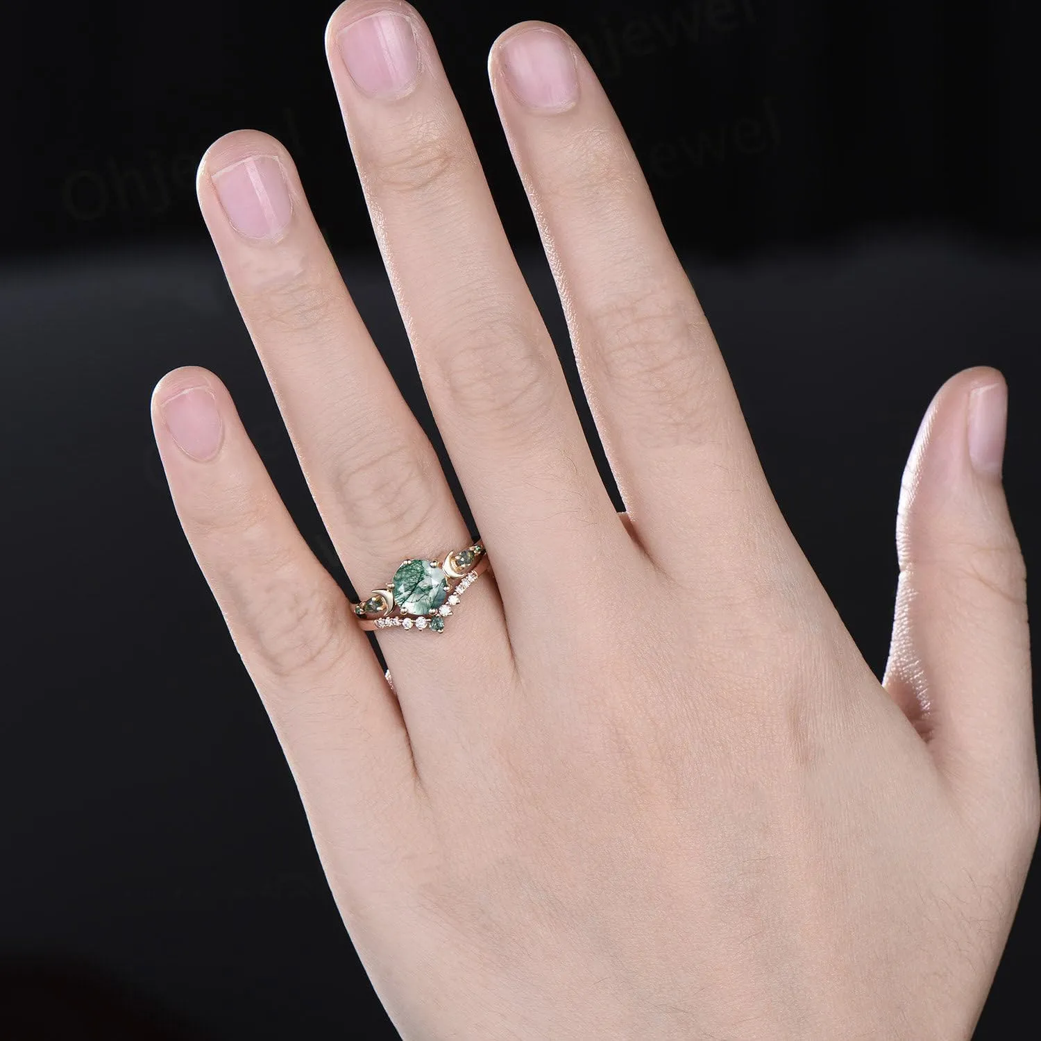 10K 14K 18K Rose Gold 2CT Round Natural Moss Agate Engagement Ring Set for Women 925 Sterling Silver 8mm Genuine Green Moss Agate Leaf Art Deco Bridal Wedding Ring Set (Size 4-15)