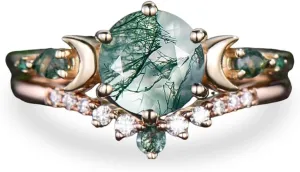 10K 14K 18K Rose Gold 2CT Round Natural Moss Agate Engagement Ring Set for Women 925 Sterling Silver 8mm Genuine Green Moss Agate Leaf Art Deco Bridal Wedding Ring Set (Size 4-15)