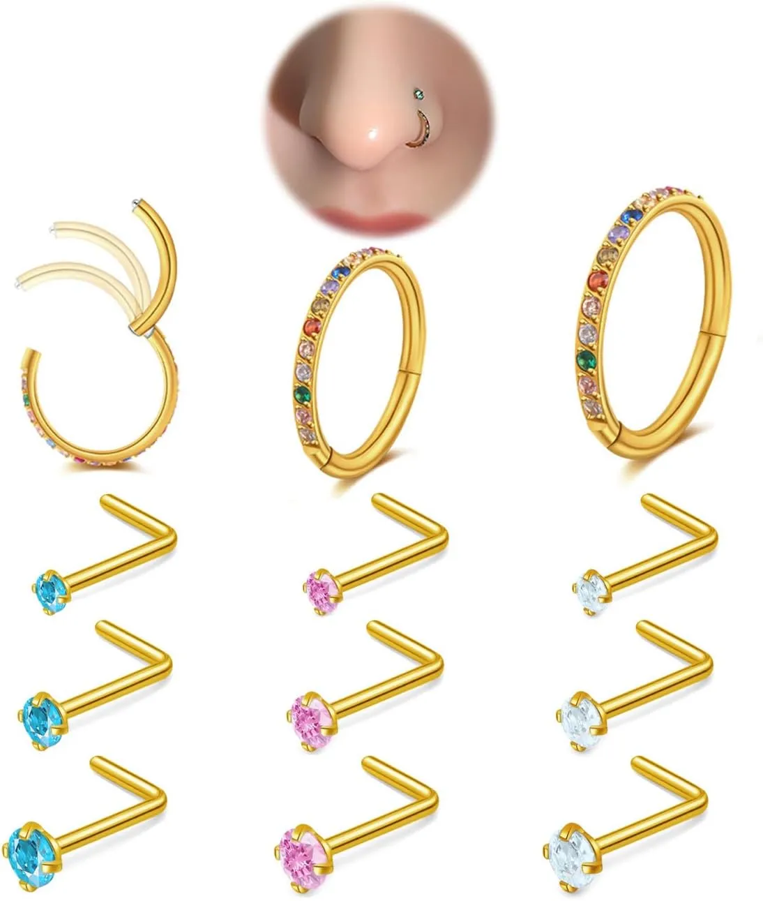 12Pcs 18G Nose Rings Hoops and 20GNose Studs Set for WomenMen,14k Gold-Plated Hypoallergenic 316L SurgicalStainless Steel CZ Nose RingsStuds.