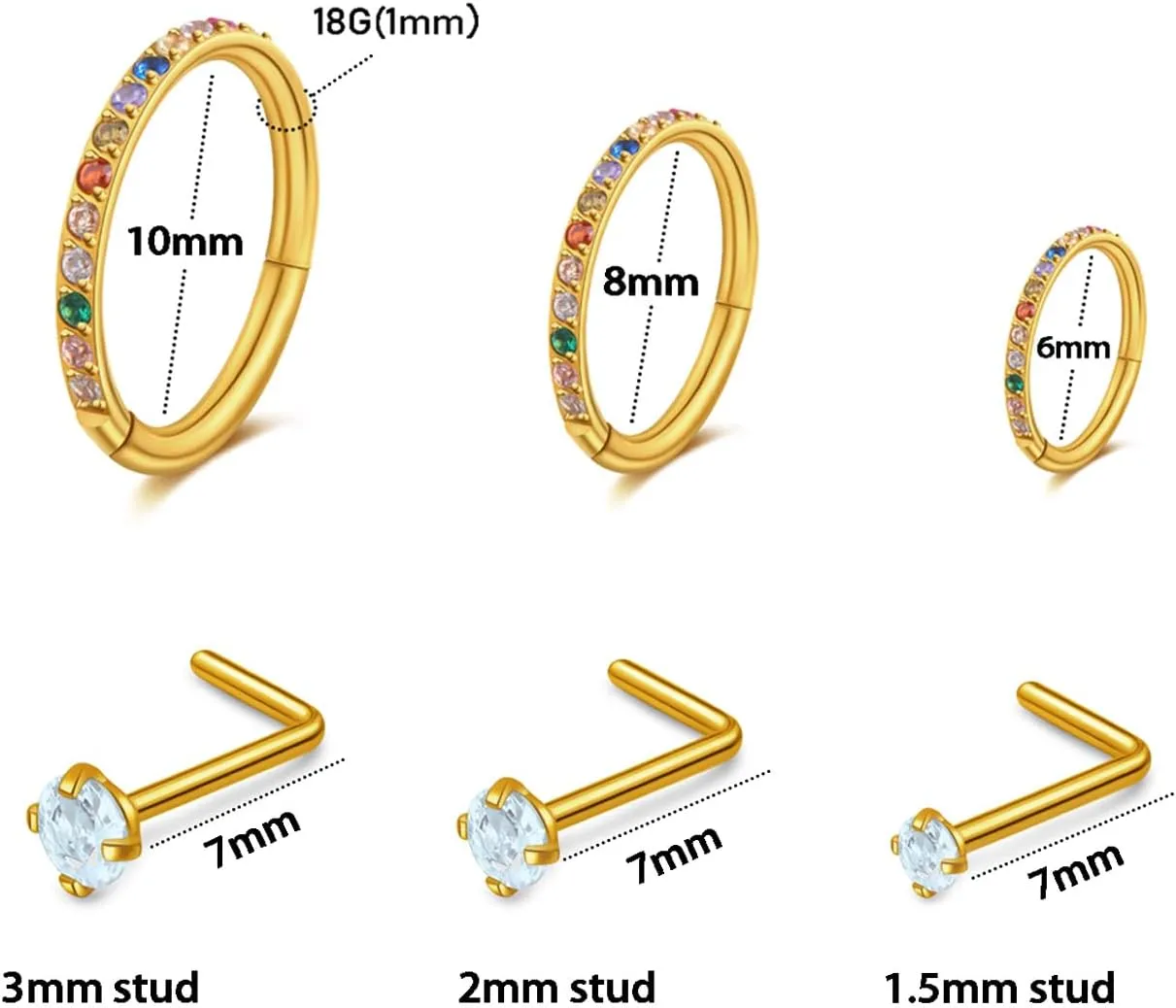 12Pcs 18G Nose Rings Hoops and 20GNose Studs Set for WomenMen,14k Gold-Plated Hypoallergenic 316L SurgicalStainless Steel CZ Nose RingsStuds.