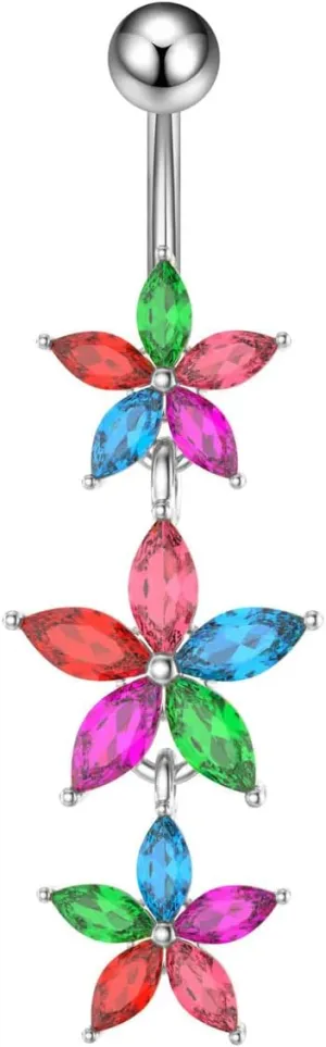 14G Stainless Steel Colorful Flower Belly Button Ring for Women Cubic Zirconia Dangle Belly Navel Barbell Belly Piercing Jewelry Hypoallergenic