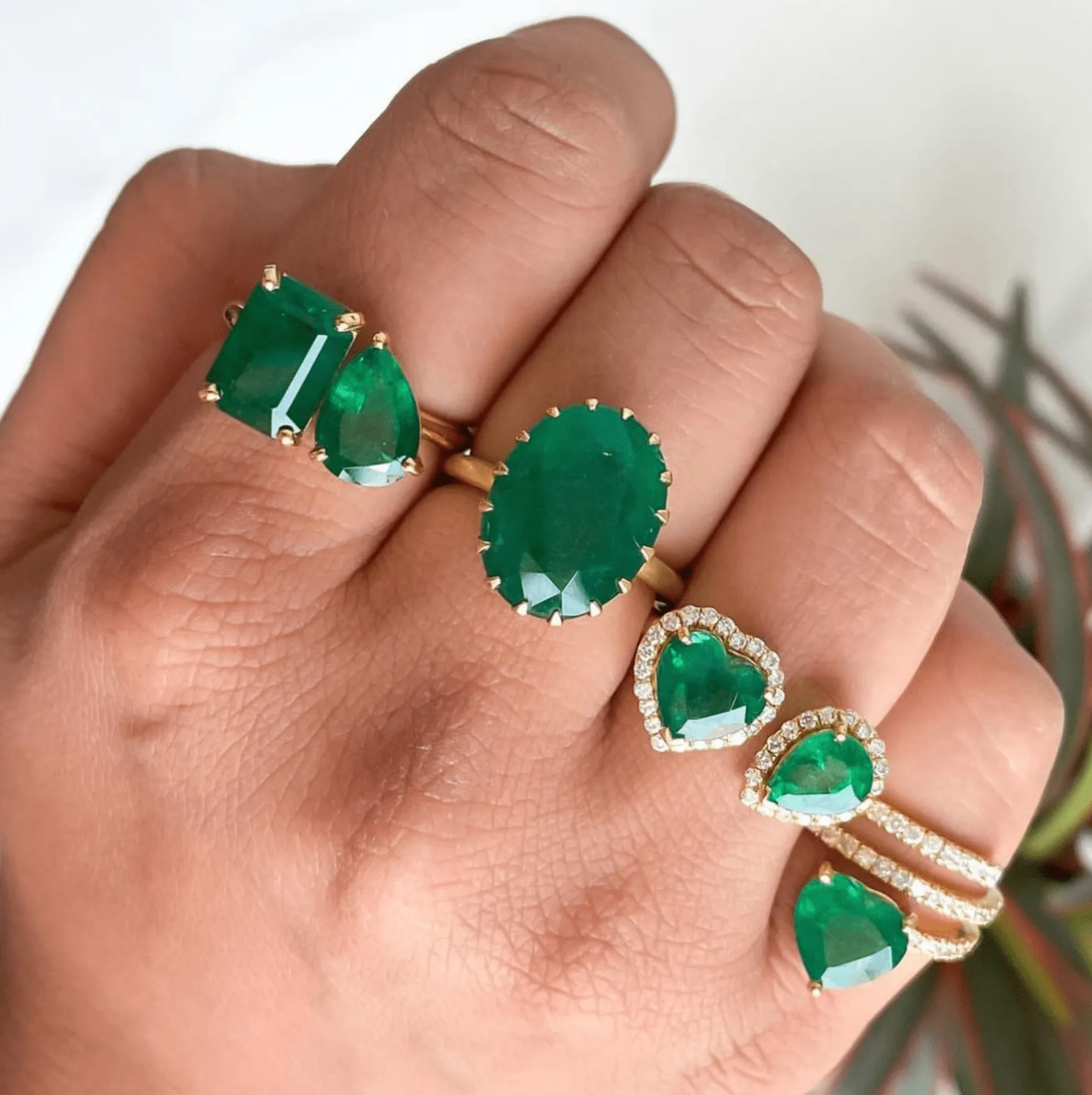 14K & 18K Gold Emerald Double Stone Ring, Emerald & Pear cuts