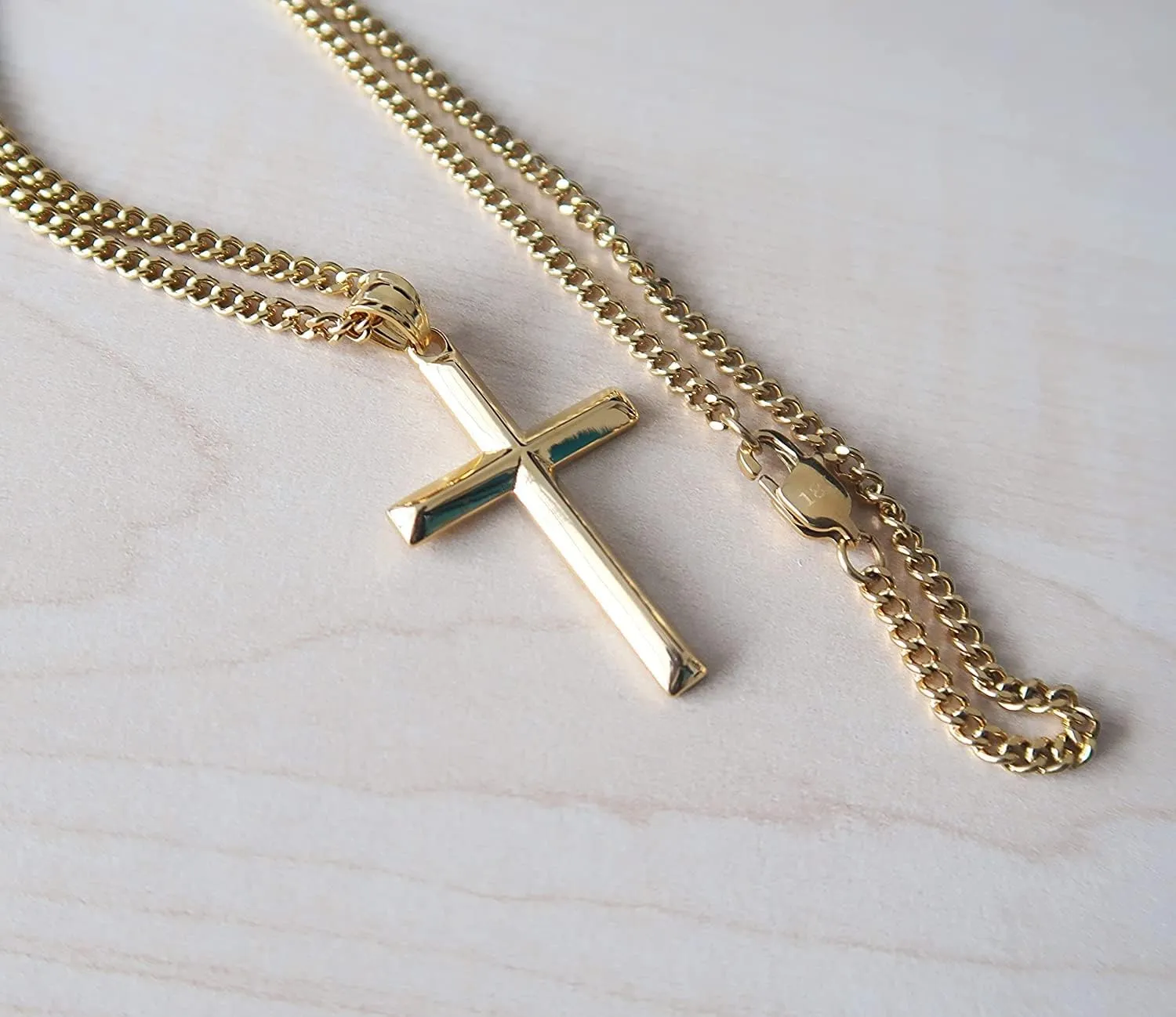 14K Gold Chain Style Cross Pendant Necklace Solid Clasp for Men, Husband Thin for Charms Miami Cuban Link Diamond Cut Religious Beveled Edge