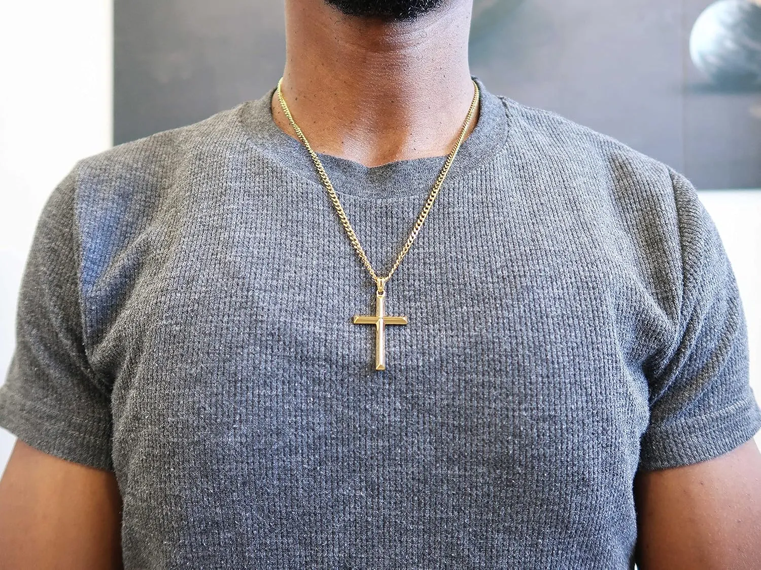 14K Gold Chain Style Cross Pendant Necklace Solid Clasp for Men, Husband Thin for Charms Miami Cuban Link Diamond Cut Religious Beveled Edge