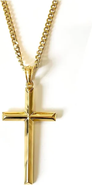 14K Gold Chain Style Cross Pendant Necklace Solid Clasp for Men, Husband Thin for Charms Miami Cuban Link Diamond Cut Religious Beveled Edge
