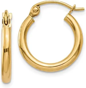 14K Gold Classic Real Hoop Earrings, (2mm Tube)