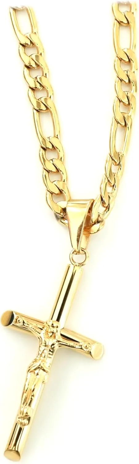 14K Gold Cross Crucifix Necklace Pendant Charm with 5MM Figaro Chain Gift for Men Women Jesus Crucifix Baptism Religious Gift