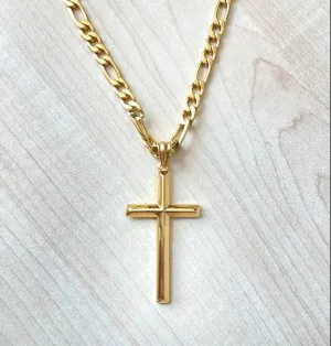 14K Gold Figaro Chain Style Cross Pendant Necklace 4MM Cross Necklace Clasp for MEN, HUSBAND Thin for Charms Miami Cuban Link Diamond Cut Religious Beveled Edge