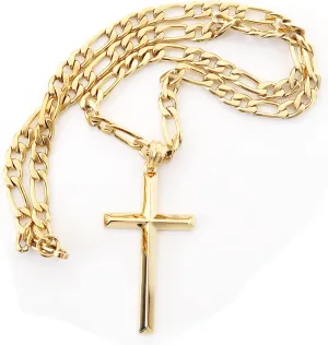 14K Gold Figaro Chain Style Cross Pendant Necklace 4MM Cross Necklace Clasp for MEN, HUSBAND Thin for Charms Miami Cuban Link Diamond Cut Religious Beveled Edge
