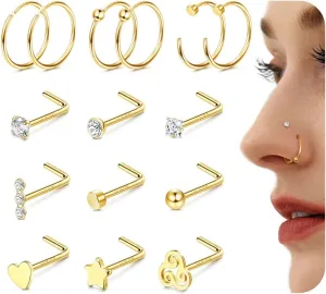 14K Gold Filled Nose Rings 20G Nose Rings Hoops Studs - Straight or L Shaped 316L Stainless Steel Small Nose Studs - CZ Hypoallergenic Nose Piercing Jewelry for Women Men 15Pcs