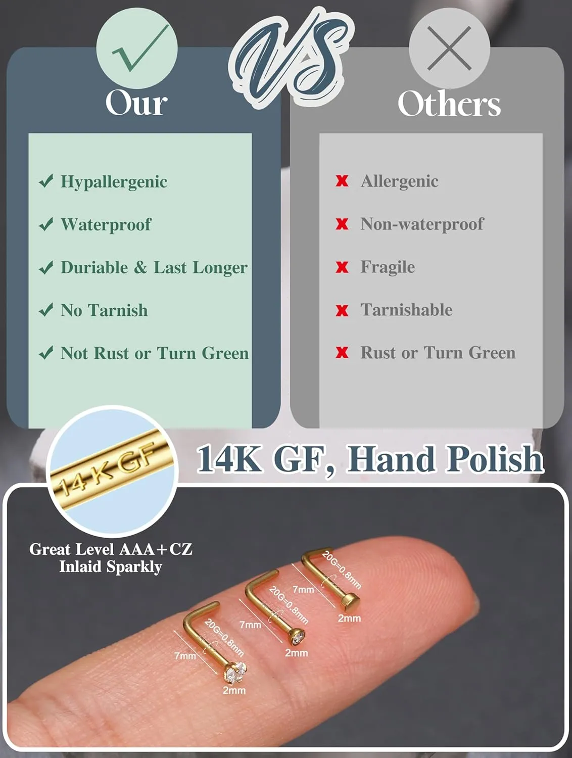 14K Gold Filled Nose Rings 20G Nose Rings Hoops Studs - Straight or L Shaped 316L Stainless Steel Small Nose Studs - CZ Hypoallergenic Nose Piercing Jewelry for Women Men 15Pcs