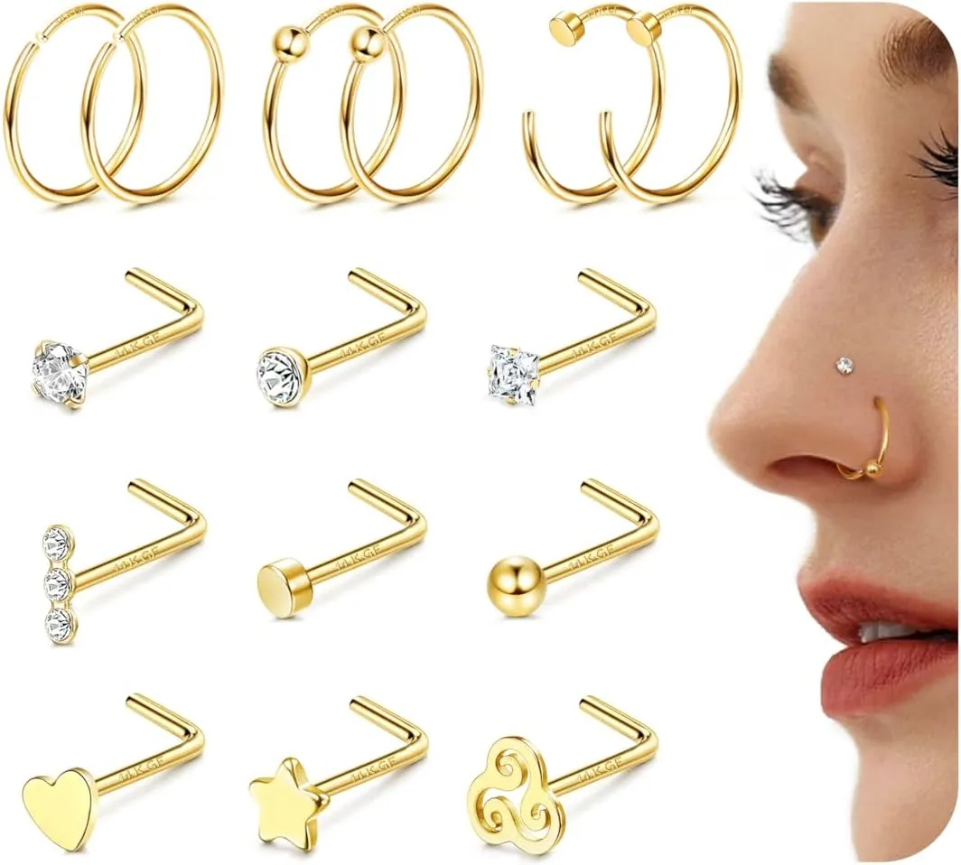 14K Gold Filled Nose Rings 20G Nose Rings Hoops Studs - Straight or L Shaped 316L Stainless Steel Small Nose Studs - CZ Hypoallergenic Nose Piercing Jewelry for Women Men 15Pcs