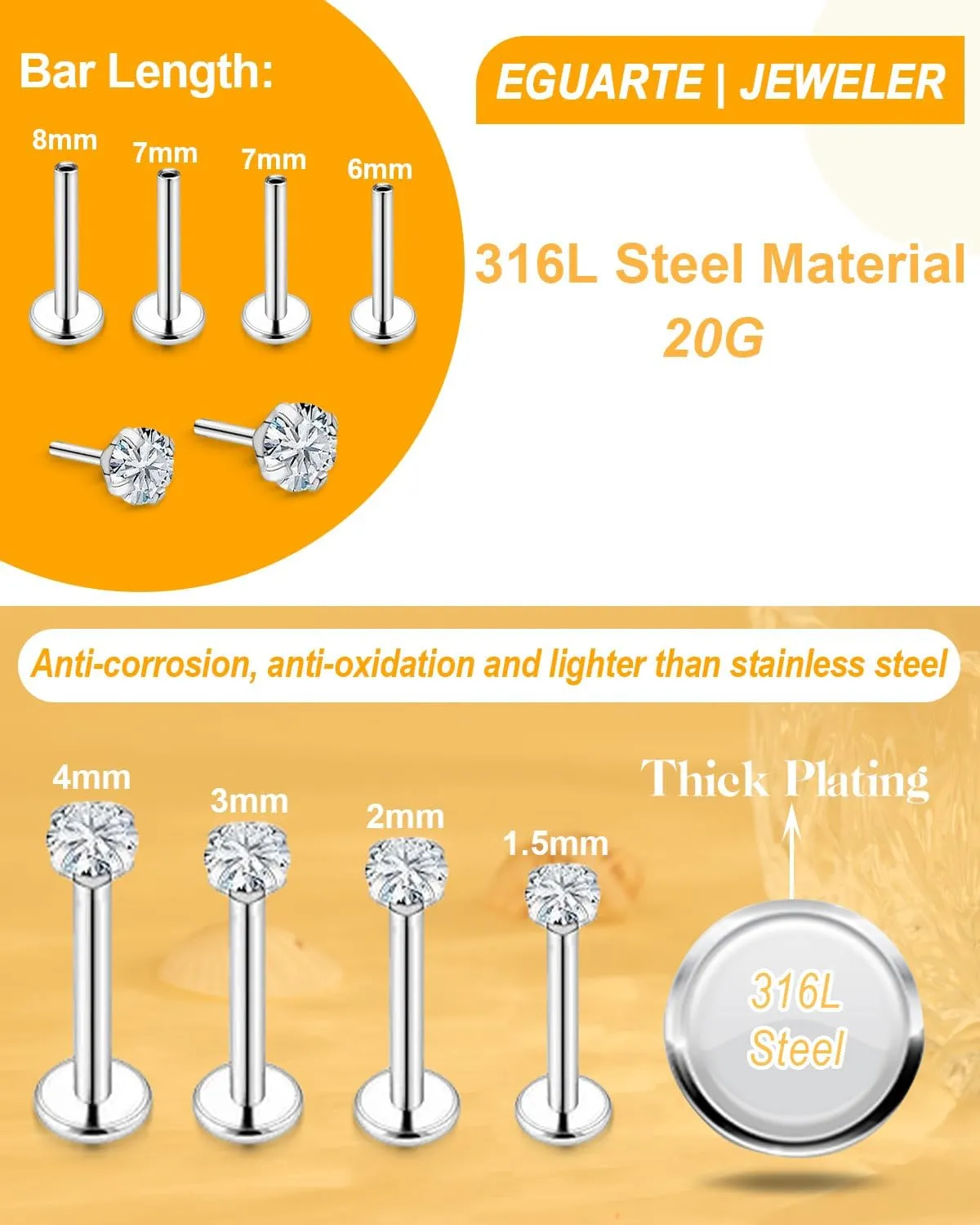 14K Gold Filled Threadless Nose Studs CZ Nose Rings for Women Men 316L Surgical Steel Labret Studs Lip Rings Push in Flat Back Stud Earrings CZ Nose Nostril Tragus Helix Piercing Jewelry 20G