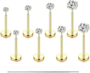 14K Gold Filled Threadless Nose Studs CZ Nose Rings for Women Men 316L Surgical Steel Labret Studs Lip Rings Push in Flat Back Stud Earrings CZ Nose Nostril Tragus Helix Piercing Jewelry 20G