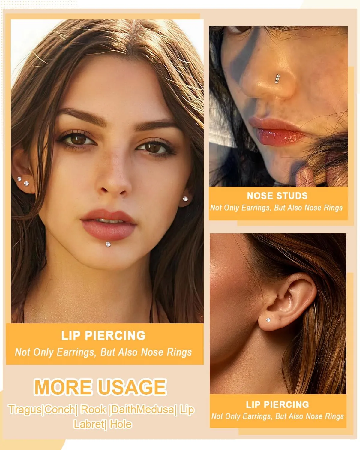 14K Gold Filled Threadless Nose Studs CZ Nose Rings for Women Men 316L Surgical Steel Labret Studs Lip Rings Push in Flat Back Stud Earrings CZ Nose Nostril Tragus Helix Piercing Jewelry 20G