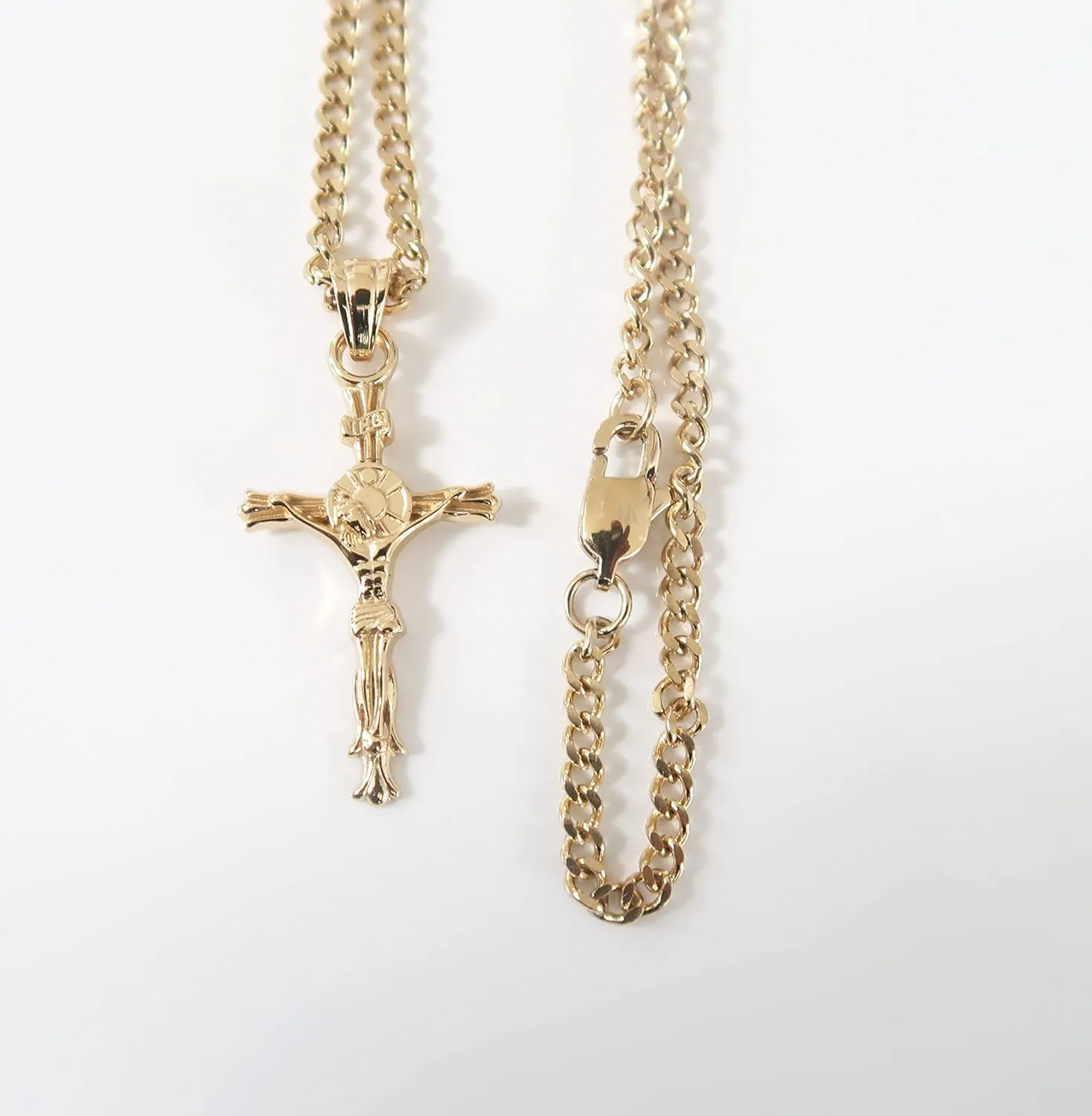 14K Gold INRI Crucifix Chain Small Cross Pendant Necklace Solid Clasp for Women, Men, Wife, Husband, Thin for Charms Miami Cuban Link Baptism Religious Gift for him her