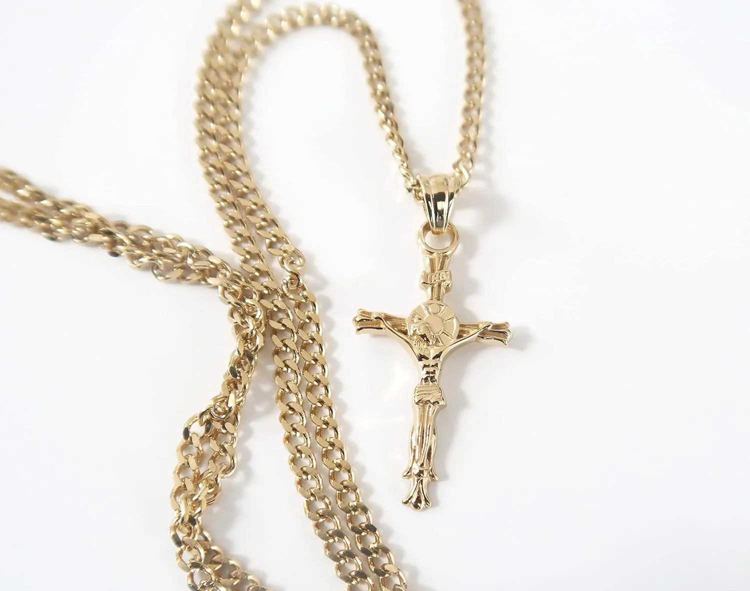 14K Gold INRI Crucifix Chain Small Cross Pendant Necklace Solid Clasp for Women, Men, Wife, Husband, Thin for Charms Miami Cuban Link Baptism Religious Gift for him her