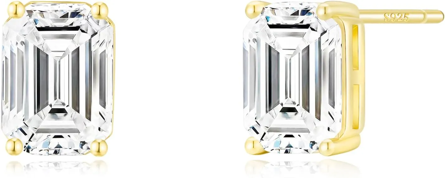 14K Gold Plated Stud Earrings 925 Sterling Silver Post Earrings Emerald Cut Cubic Zirconia Stud Earrings Small Cute for Women