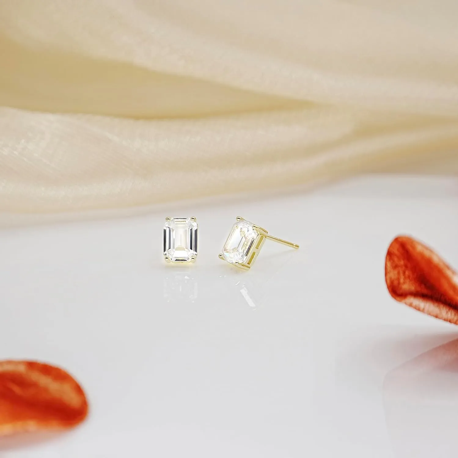 14K Gold Plated Stud Earrings 925 Sterling Silver Post Earrings Emerald Cut Cubic Zirconia Stud Earrings Small Cute for Women