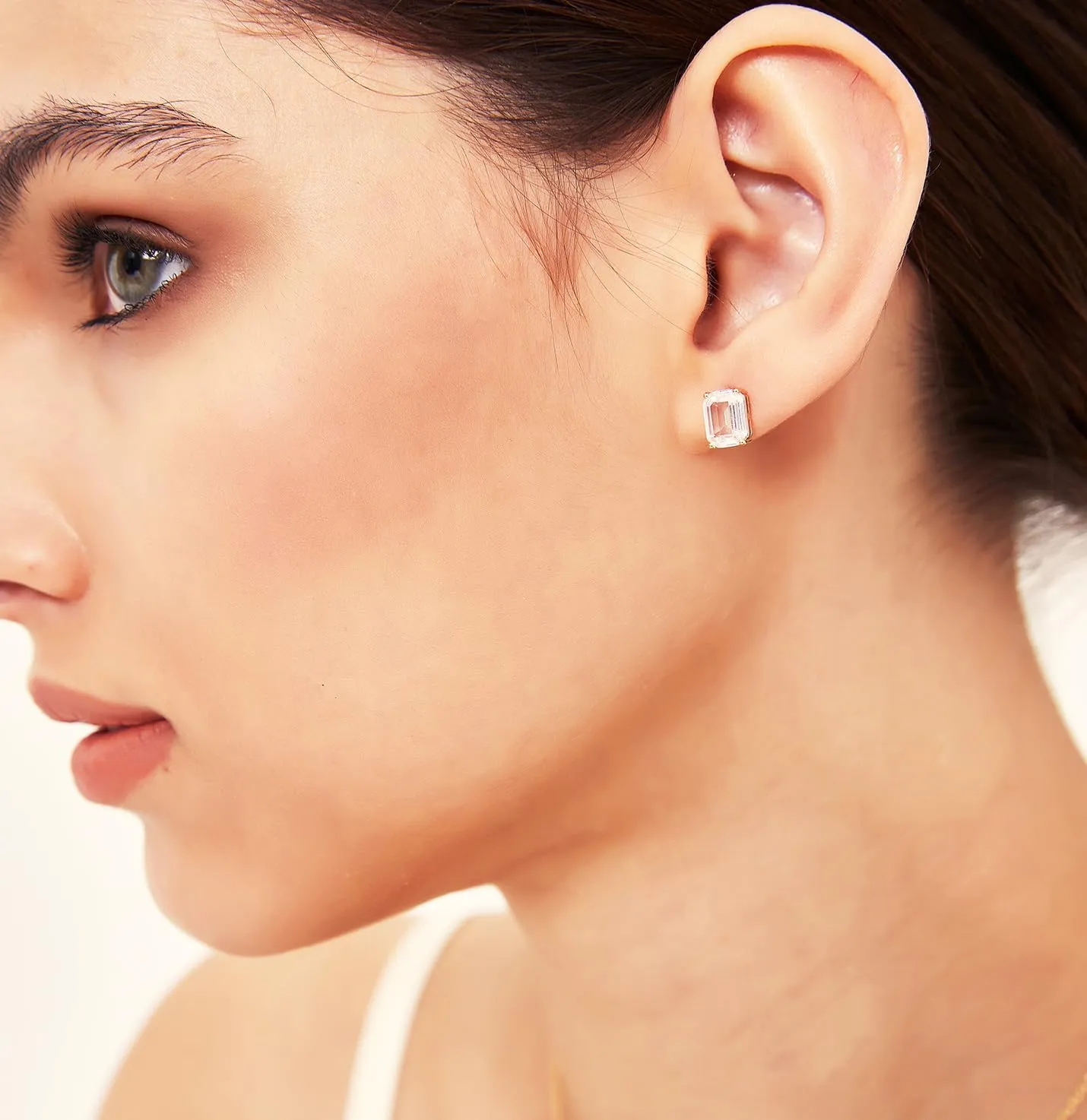 14K Gold Plated Stud Earrings 925 Sterling Silver Post Earrings Emerald Cut Cubic Zirconia Stud Earrings Small Cute for Women