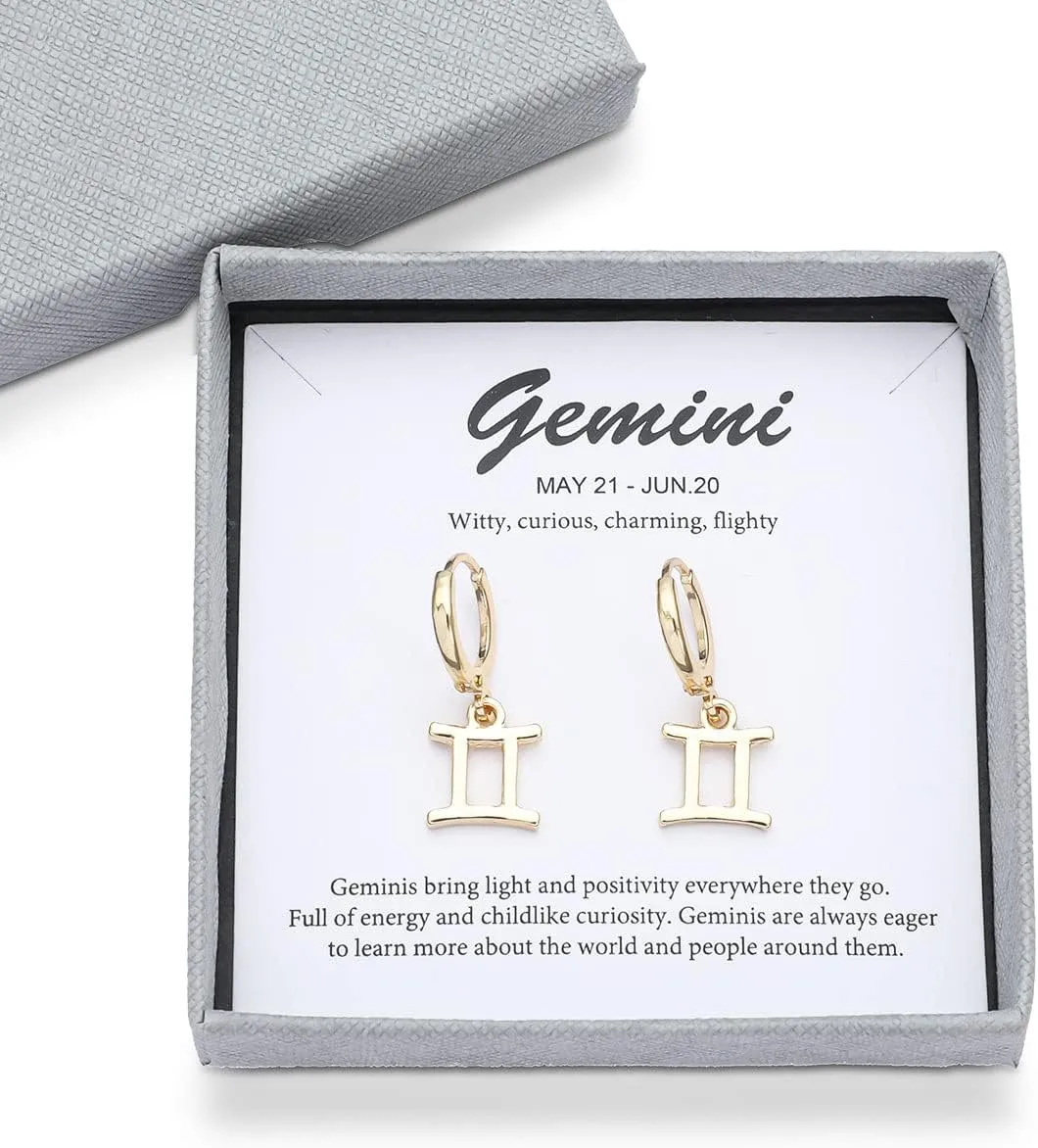 14k Gold Plated Zodiac Sign Drop Hoop Earrings for Women Birthday Gift