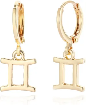 14k Gold Plated Zodiac Sign Drop Hoop Earrings for Women Birthday Gift