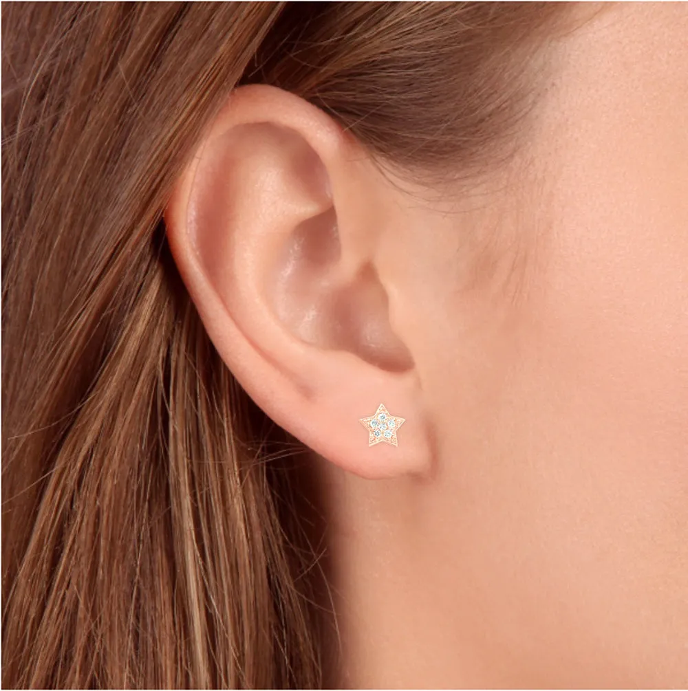 14K Rose Gold Diamond Pave Petite Star Studs Dainty High Polished 6.5MM