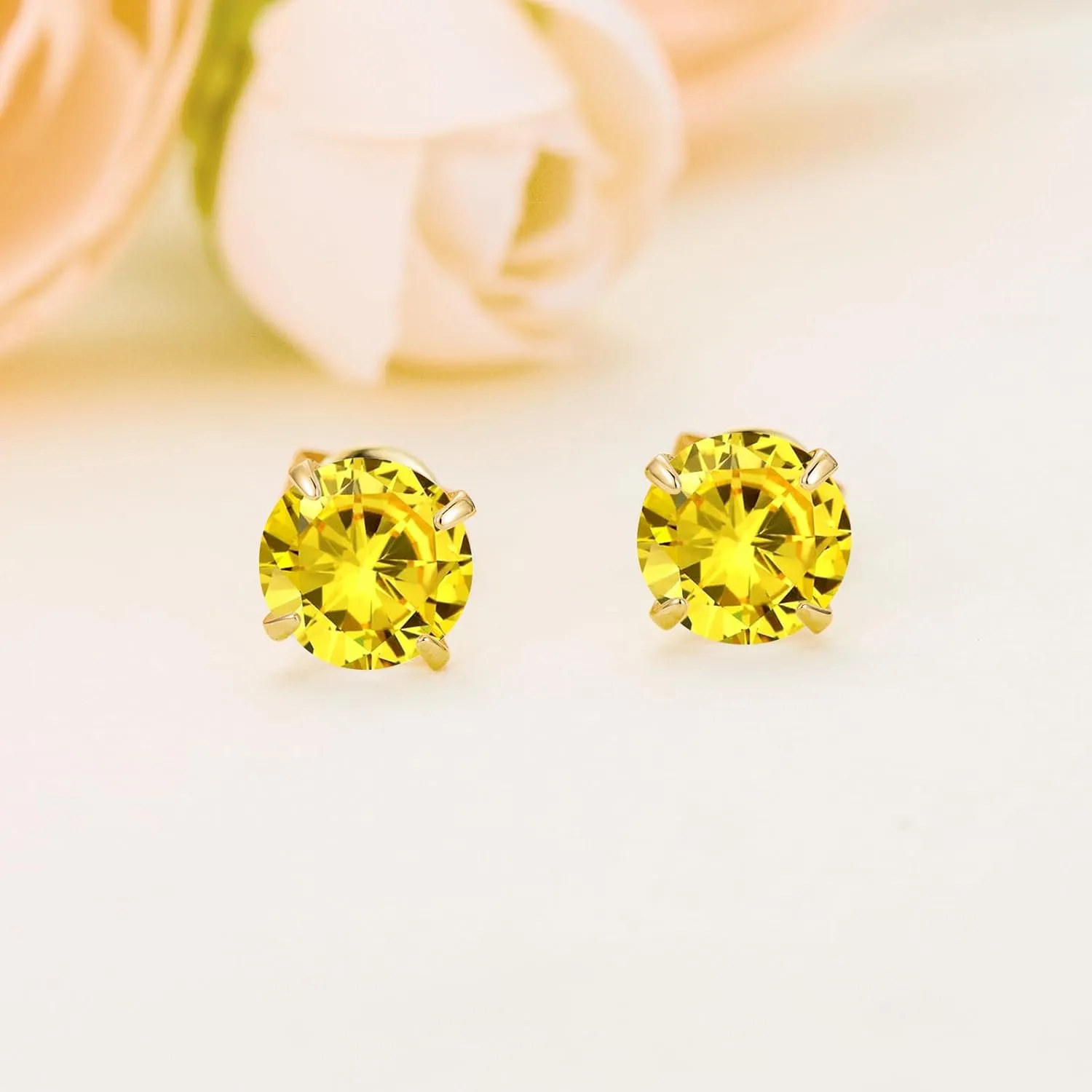 14K Solid Gold Birthstone Stud Earrings for Women, Yellow Gold Classic 4-Prong Set Brillant Round Cut Simulated Diamond Stud Earrings Women Jewelry Gifts