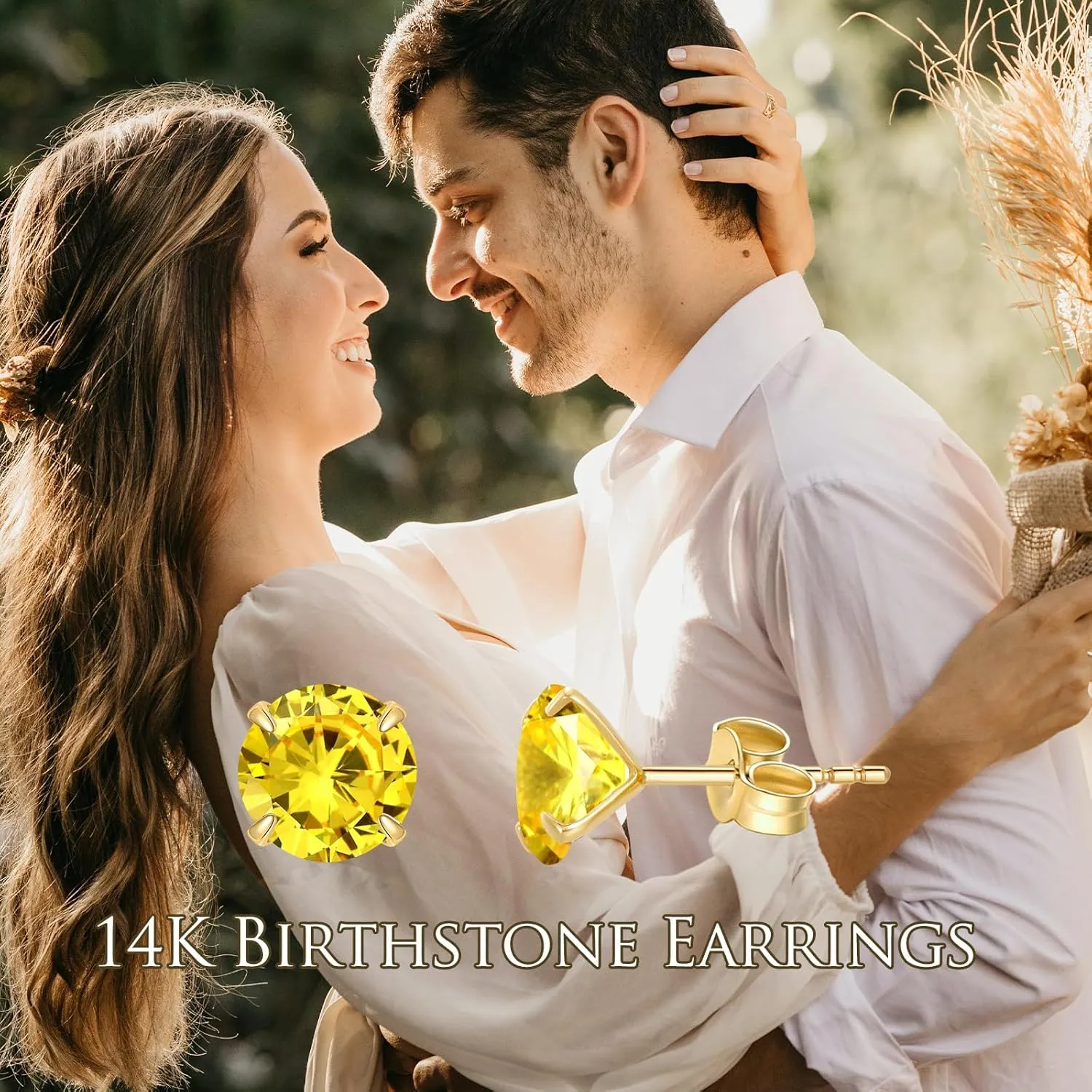 14K Solid Gold Birthstone Stud Earrings for Women, Yellow Gold Classic 4-Prong Set Brillant Round Cut Simulated Diamond Stud Earrings Women Jewelry Gifts