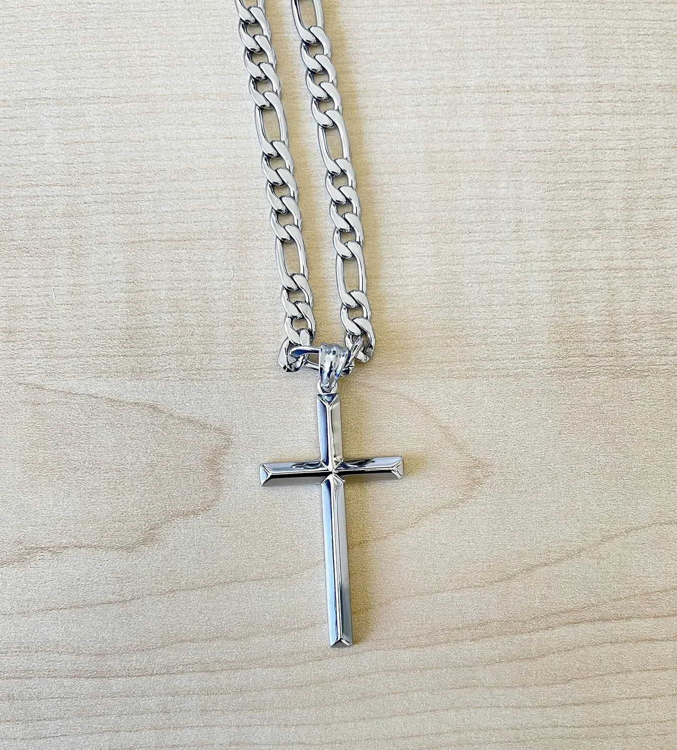 14K White Gold FIGARO Chain CUBAN LINK Style Cross Pendant Necklace Solid plated Clasp for Men, Husband Father Miami Cuban Link Diamond Cut Religious Beveled Edge