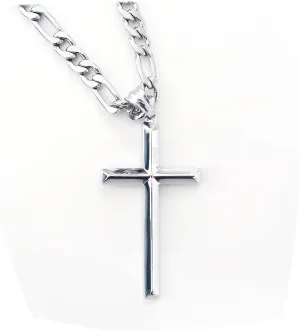 14K White Gold FIGARO Chain CUBAN LINK Style Cross Pendant Necklace Solid plated Clasp for Men, Husband Father Miami Cuban Link Diamond Cut Religious Beveled Edge