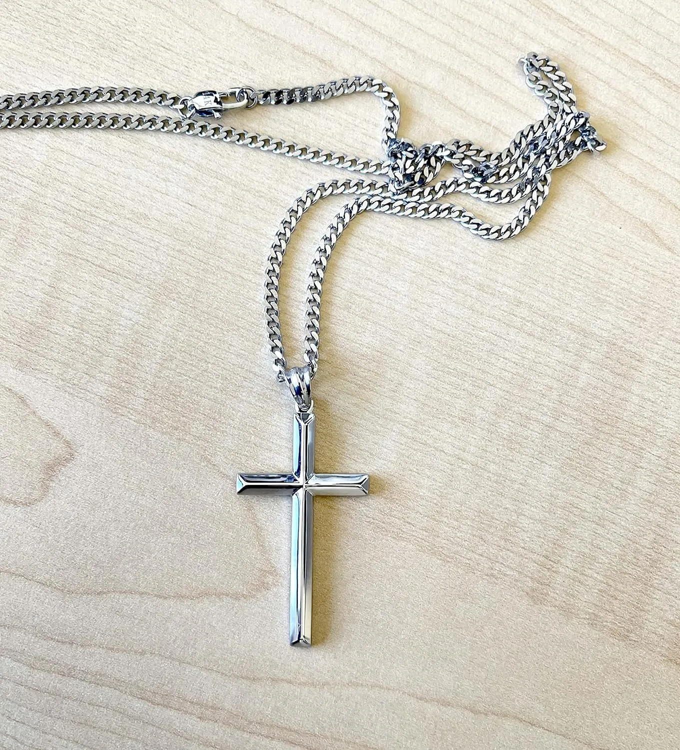 14K White Gold FIGARO Chain CUBAN LINK Style Cross Pendant Necklace Solid plated Clasp for Men, Husband Father Miami Cuban Link Diamond Cut Religious Beveled Edge