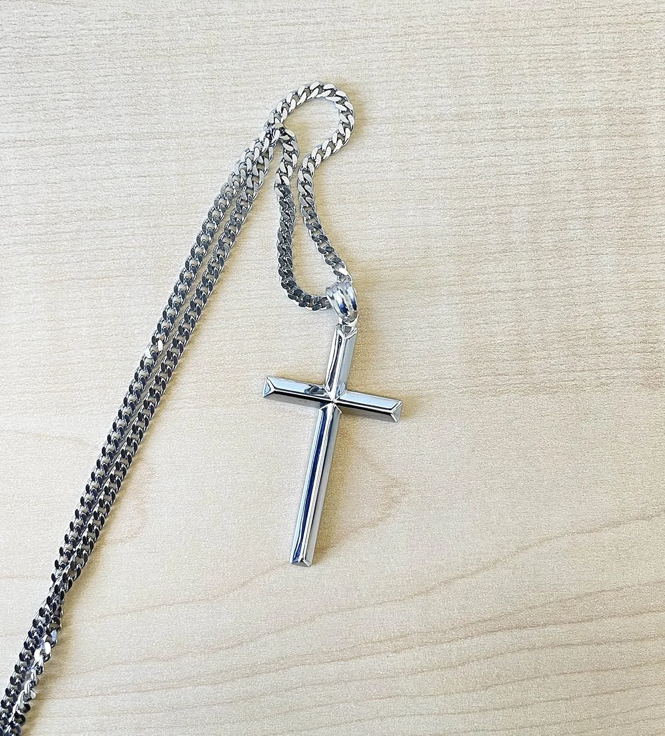 14K White Gold FIGARO Chain CUBAN LINK Style Cross Pendant Necklace Solid plated Clasp for Men, Husband Father Miami Cuban Link Diamond Cut Religious Beveled Edge