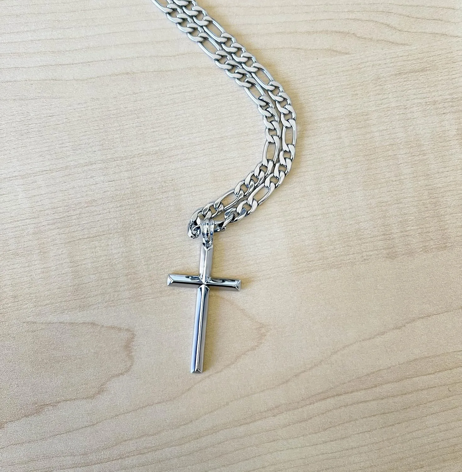14K White Gold FIGARO Chain CUBAN LINK Style Cross Pendant Necklace Solid plated Clasp for Men, Husband Father Miami Cuban Link Diamond Cut Religious Beveled Edge