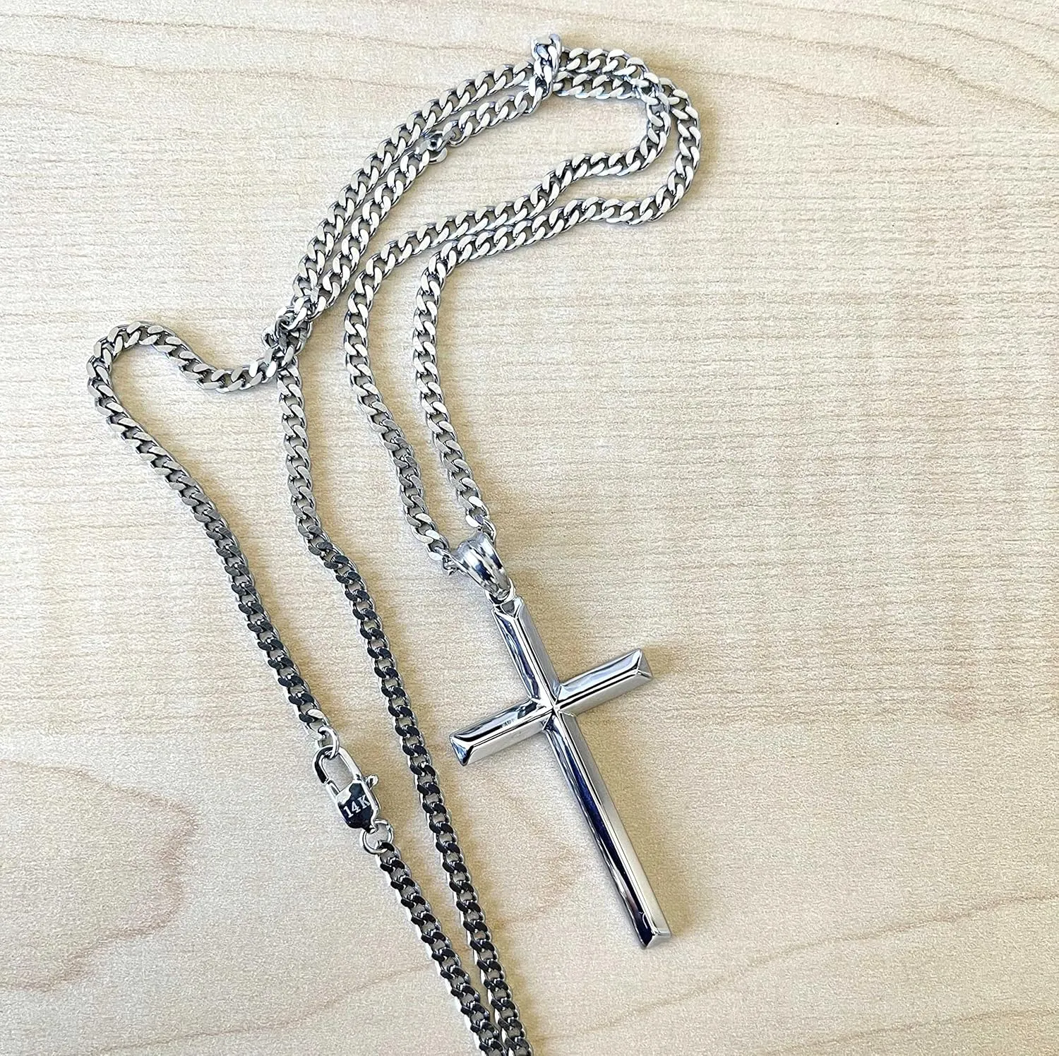 14K White Gold FIGARO Chain CUBAN LINK Style Cross Pendant Necklace Solid plated Clasp for Men, Husband Father Miami Cuban Link Diamond Cut Religious Beveled Edge