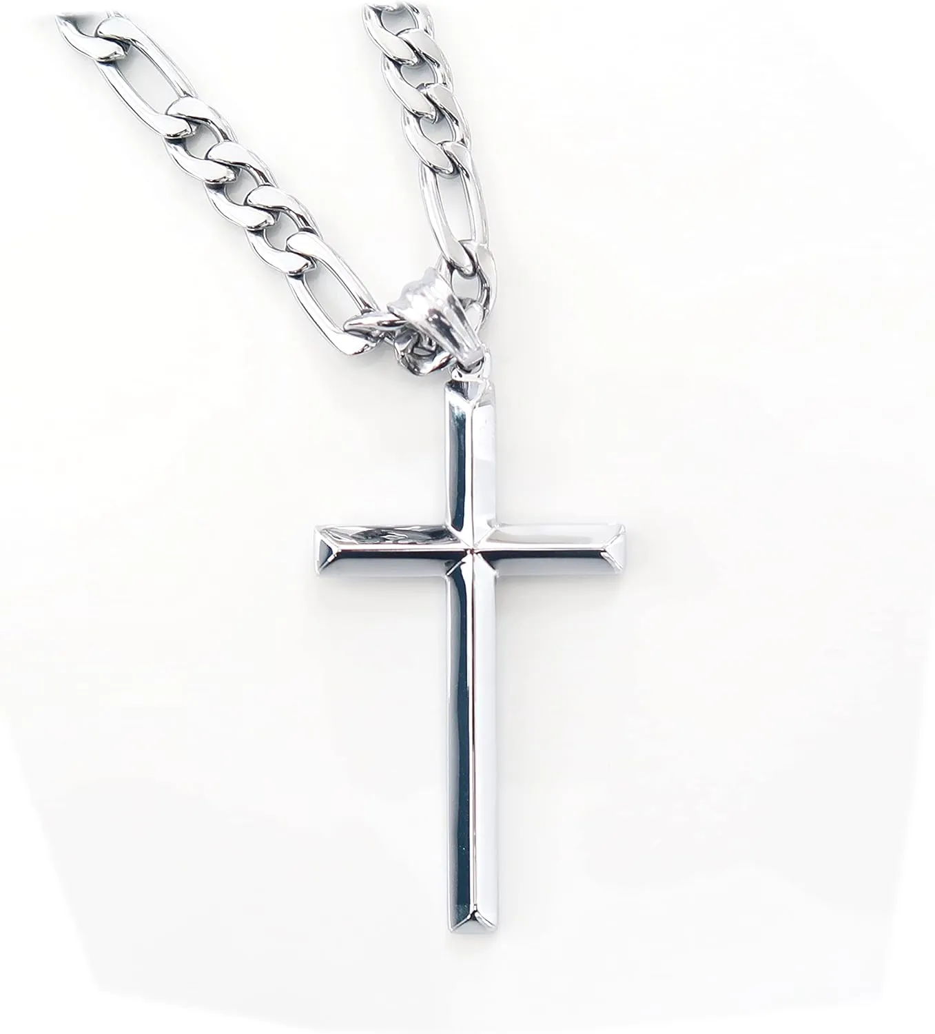 14K White Gold FIGARO Chain CUBAN LINK Style Cross Pendant Necklace Solid plated Clasp for Men, Husband Father Miami Cuban Link Diamond Cut Religious Beveled Edge