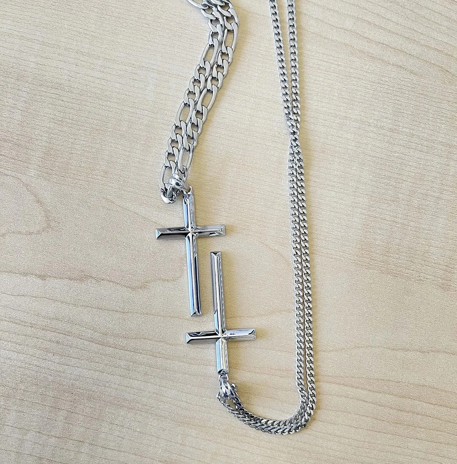 14K White Gold FIGARO Chain CUBAN LINK Style Cross Pendant Necklace Solid plated Clasp for Men, Husband Father Miami Cuban Link Diamond Cut Religious Beveled Edge