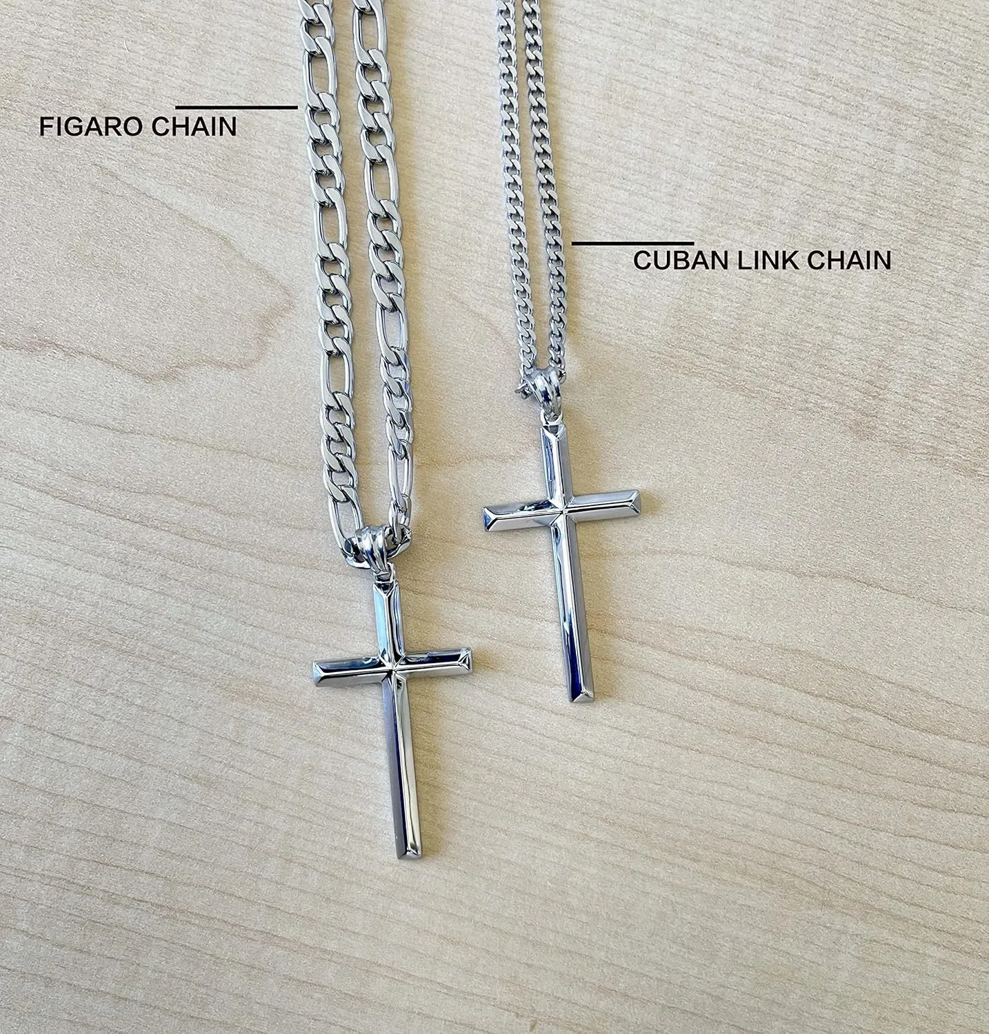 14K White Gold FIGARO Chain CUBAN LINK Style Cross Pendant Necklace Solid plated Clasp for Men, Husband Father Miami Cuban Link Diamond Cut Religious Beveled Edge