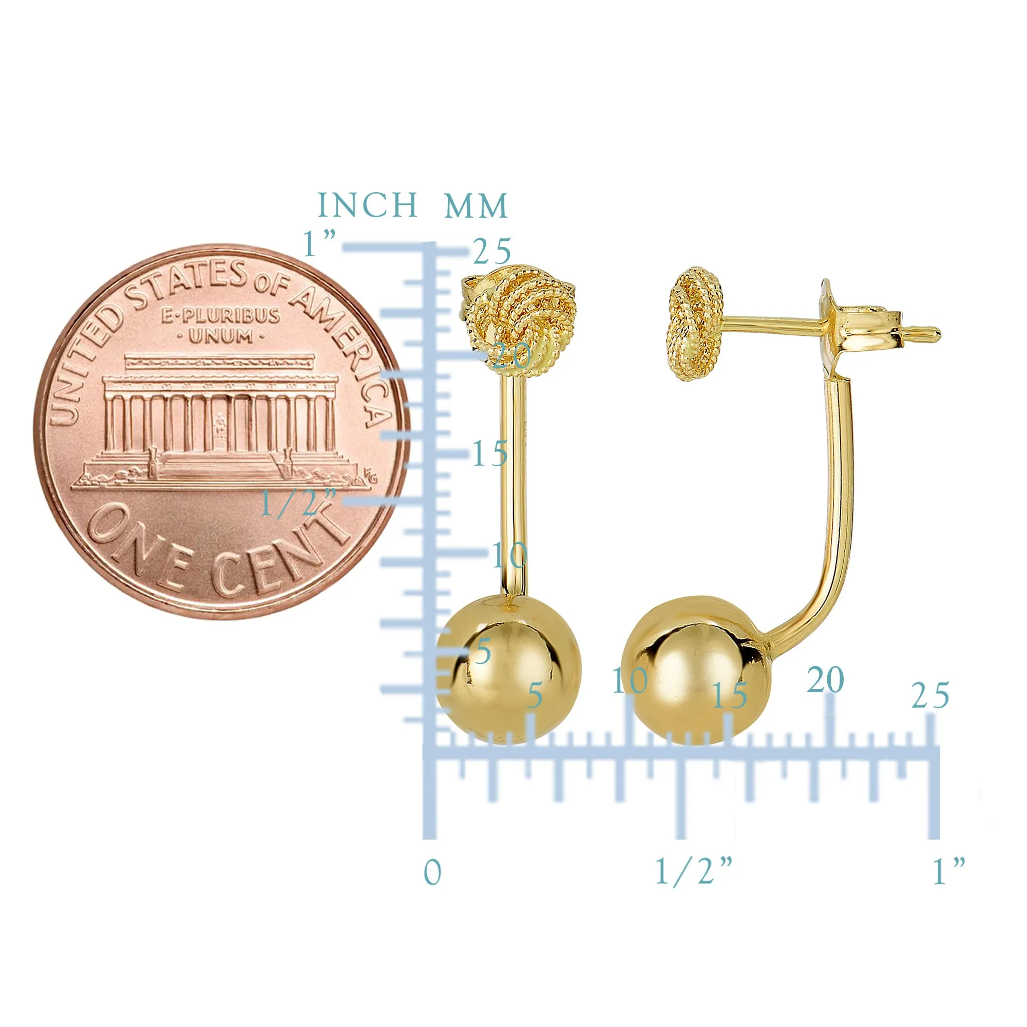14k Yellow Gold Ball And Love Knot Belly Ring Climber Style Earrings, 8mm